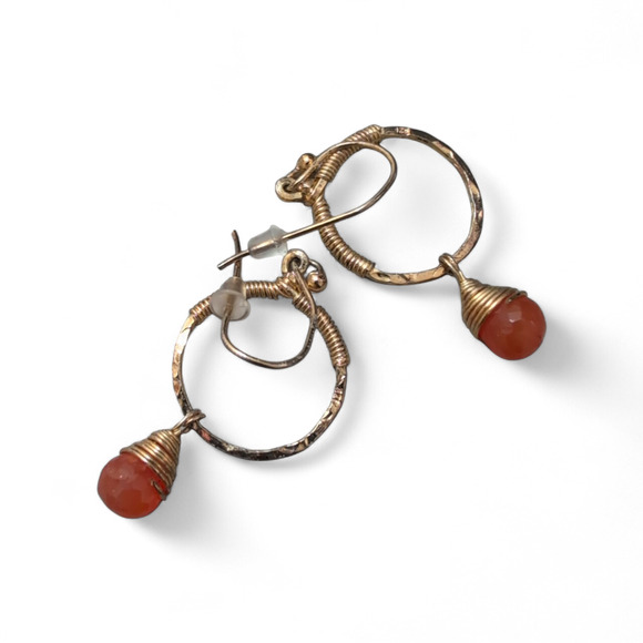 Carnelian Hammered Gold Hoop Earrings | 1.25” | Handmade | Hypoallergenic - Picture 2 of 2